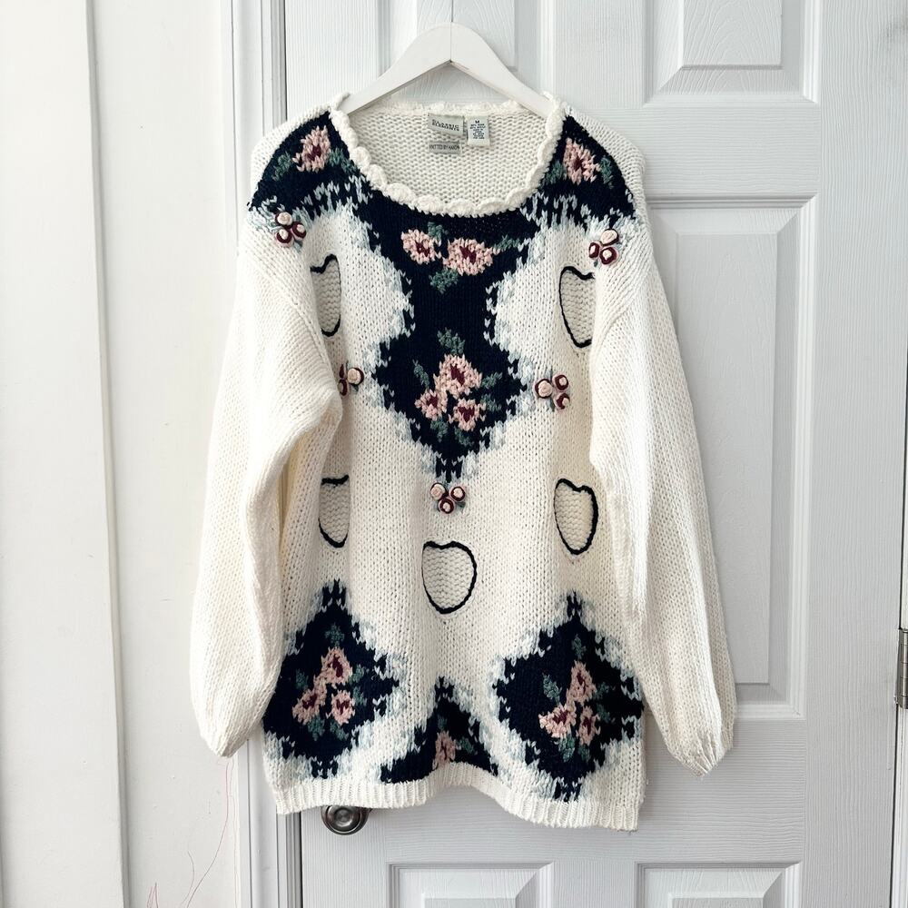 Classic Elements Vintage Hand Knit Floral Cottagecore Girly Oversized Sweater M